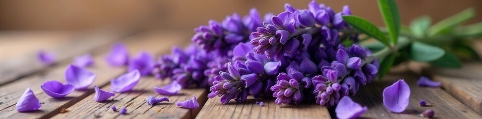 Wilted purple lavender flowers scattered on a wooden table, bouquet, petals, wood