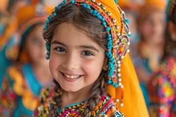 Fototapeta premium Young girl wearing a colorful headdress smiling