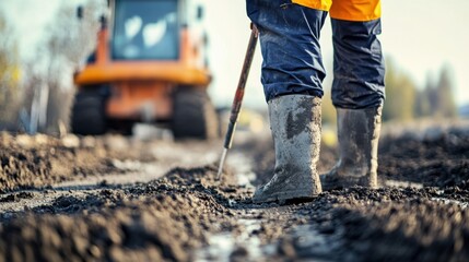 A detailed view of an engineer inspecting soil compaction levels on a road construction site, Soil compaction inspection scene, Civil engineering style