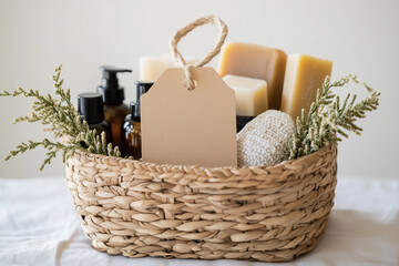 Chic sustainable gift set featuring eco-friendly handmade soaps, beeswax candles, and organic skincare in a reusable woven basket with minimalist tag against a white background 