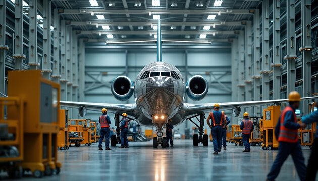 Aircraft maintenance facility workers assemble plane parts. Team of tech experts inspect, repair jet components. Large hangar houses modern aviation production. Industrial tech facility. Efficient