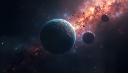 Obraz premium Cosmic scene distant planet surrounded by stardust, celestial bodies in deep space exploration. Planets orbit in swirling cosmic vortex. Mysterious, tranquil atmosphere evokes deep space. Tranquil