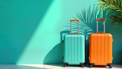 Colorful suitcases turquoise, orange stand against vibrant turquoise wall. Ready for travel adventure. Stylish modern design. Perfect for travel inspiration. Stylish vacation journey. Modern
