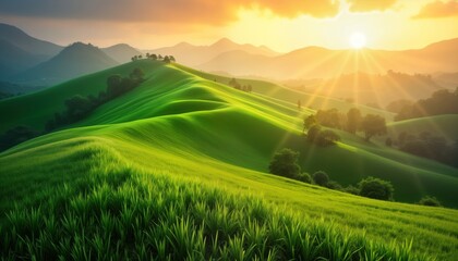 Fototapeta premium Picturesque green hills covered with rich grass fields. Sunlight illuminates landscape at dawn dusk creating warm, vibrant atmosphere. Majestic mountains in background complete scenic panorama.