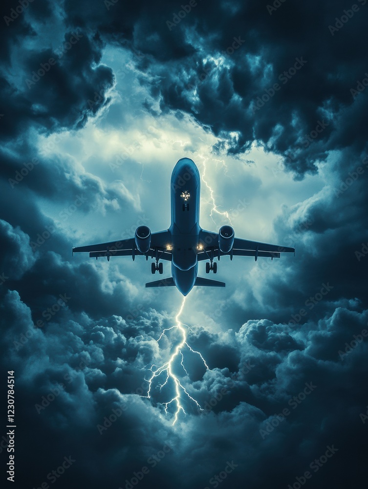 Poster Airplane navigates through turbulent storm clouds with flashes of lightning illuminating the sky. Generative AI