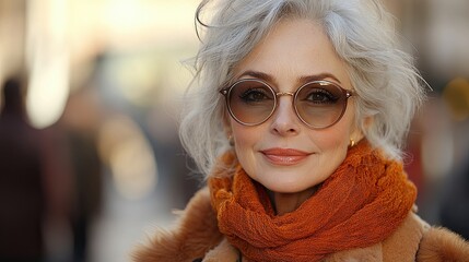 Close-up portrait of a mature woman with gray hair wearing sunglasses and a scarf.