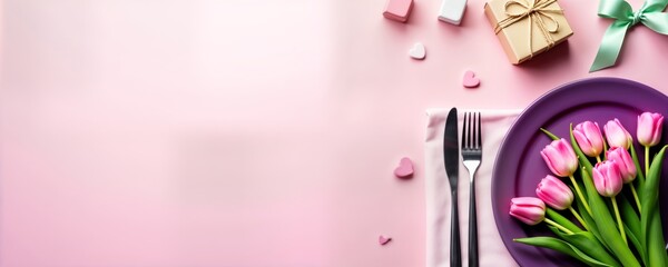 Festive table setting with purple plate, pink tulips. Romantic, elegant dinner setting for special occasion. Gift boxes, heart-shaped candies. Pink background. Top view. Spring Valentine Day concept.