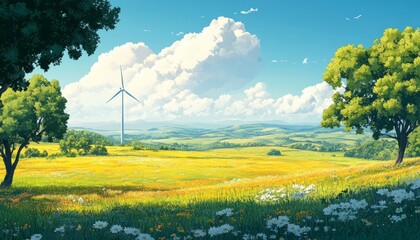 Idyllic sunny meadow landscape with wind turbine and blooming wildflowers under a cloudy sky.