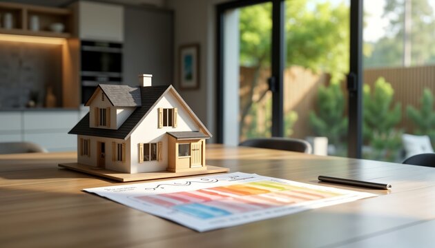Miniature house model sits on table with energy efficiency diagnosis document. Eco friendly real estate concept. Property energy performance evaluation for sustainability. Modern home model displayed