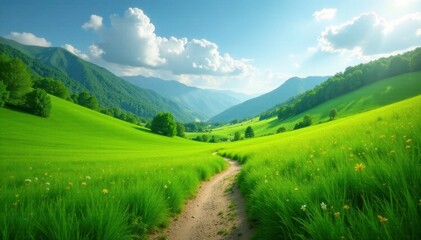 Fototapeta premium winding path through a lush green meadow in the valley, green, winding