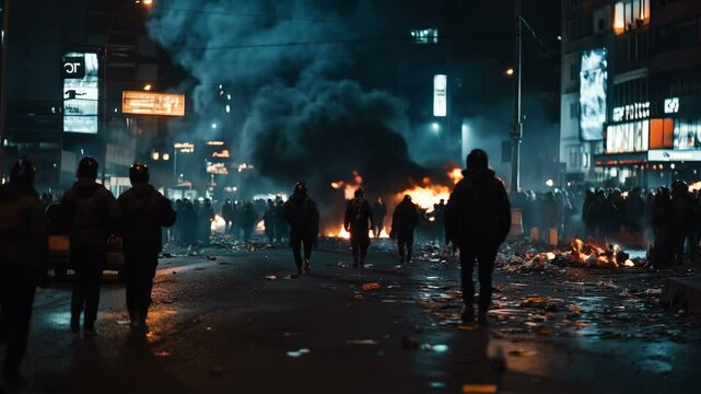 Witness the chaotic nighttime protest scene filled with flames and smoke, a transformation of energy and emotion