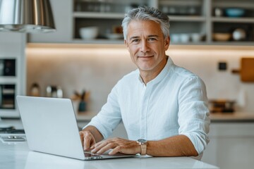 Fototapeta premium A mature man with gray hair smiles while working on his laptop in a modern kitchen.
