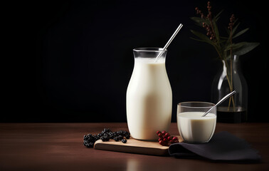 Creamy milk in a glass and pitcher on a wooden board with blackberries and a dark background creating an elegant, moody atmosphere in the kitchen