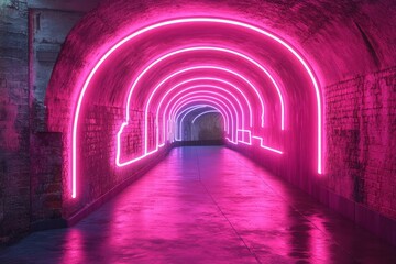 Obraz premium Illuminated tunnel with neon lights urban location dark environment artistic viewpoint