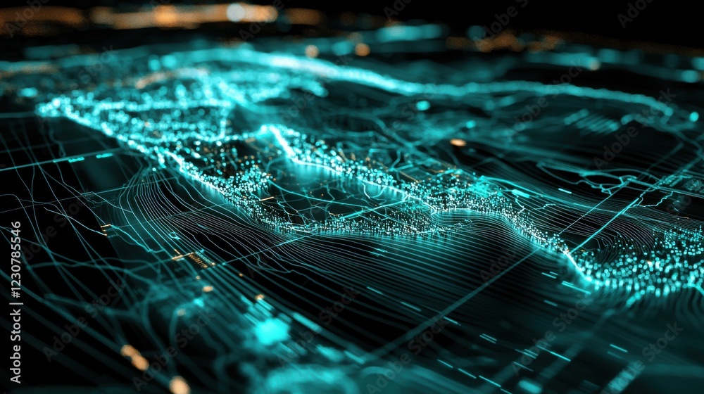 Poster futuristic digital network and data flow abstract with vibrant glowing particle lights and seamless 