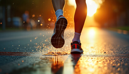 Marathon runner feet cross finish line. Closeup photo style. Runner shows determination, accomplishment in tough conditions. Image conveys victory moment. Dynamic perspective captures moment of