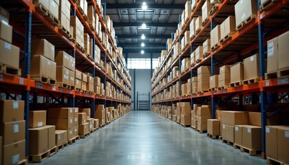 Vast warehouse interior shows high shelving filled with numerous cardboard boxes. Organized storage system. Light industrial setting. Long aisle extends through center of warehouse. Efficient storage