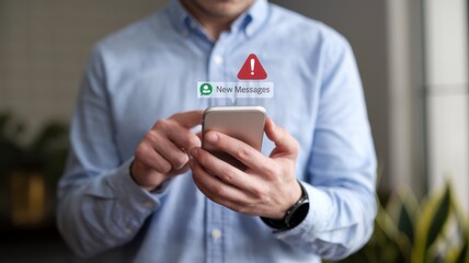 Man Checking New Messages on Smartphone with Alert