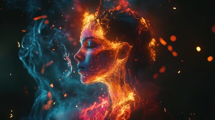 A person's head and neck are covered in flames, in a surreal abstract art