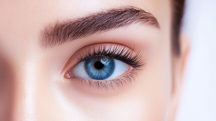 Obraz premium Eyelash extension procedure. Beautiful woman with long eyelashes. Facial treatment. Cosmetology, beauty skin care and spa concept. Isolated on white background. Permanent makeup. Microblading brow. 