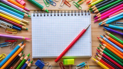 Obraz premium A close-up of a scribbled notebook page with colorful pens and pencils scattered around it, office supplies, desk accessories
