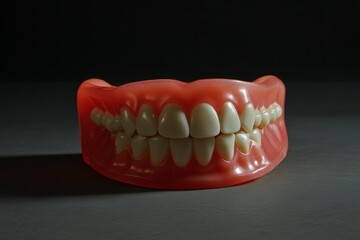 Close-up photograph of generic chattering toy teeth within a clean white studio