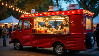 Red food truck at outdoor city festival. Food truck staff preparing food. People standing around the truck. Event has lights and tents in the background. Evening or night time.