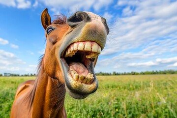 Close-up of a horse’s mouth with a broad smile and big teeth