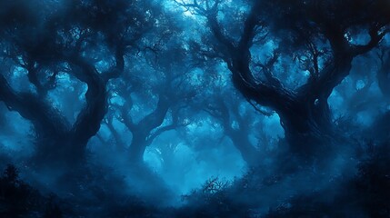 a dark, eerie forest scene, heavily stylized