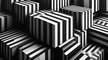 Naklejka premium Abstract black-white striped cubes background, 3D rendering, design