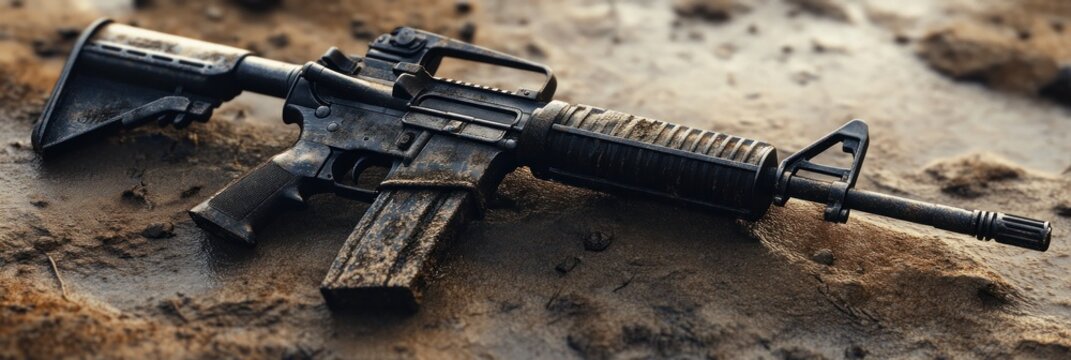 Mud-Caked Assault Rifle on Battlefield - Powered by Adobe