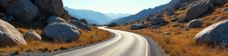 Fototapeta premium Winding road traversing through a field of large rocks and boulders, road, boulder