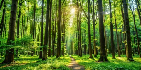 Obraz premium Dense forest with tall trees and lush greenery in summer, tree, forest, tree, forest