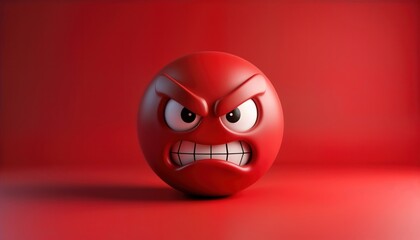 Angry 3d emoji on red background. Round red face expresses strong emotion. High-resolution illustration suitable for design projects. Modern digital art. Suitable for tech applications, social media