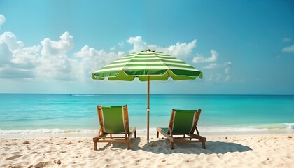 Empty beach scene with two green beach chairs, striped green umbrella. Sunny day at tropical paradise coast. Relaxing beach vacation. Ocean water calm, turquoise. Perfect for peaceful summer holiday.
