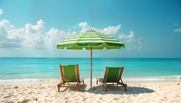 Empty beach scene with two green beach chairs, striped green umbrella. Sunny day at tropical paradise coast. Relaxing beach vacation. Ocean water calm, turquoise. Perfect for peaceful summer holiday.