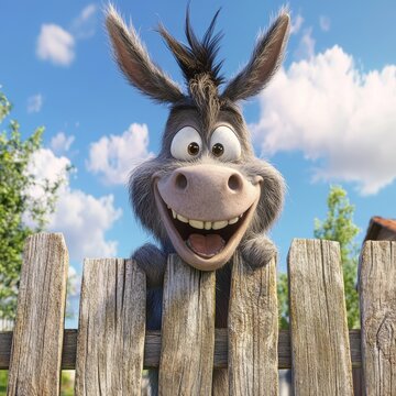 A humorous donkey lifts its head above a wooden fence, laughing widely with its hair tangled and flying