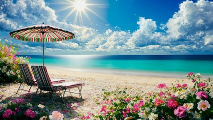 Relaxing day at the beach with a colorful umbrella and blooming flowers under a bright sun - Powered by Adobe