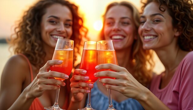 Three young women enjoy Spritz cocktails at sunset. Toast to friendship, summer happiness. Women smile, laugh. Outdoor setting like terrace bar. Sunny day. Summertime fun, joy. Friends celebrate