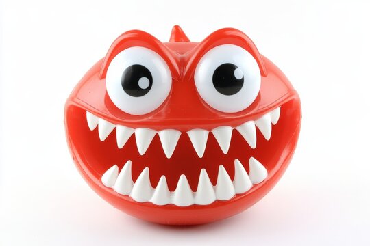 A red, tooth-shaped funny toy denture depicting a jaw and eye, set against a white background, with space for copy