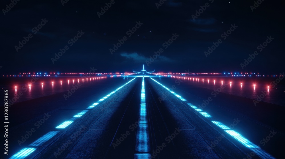 Leinwandbilder illuminated runway at night with airplane preparing for takeoff surrounded by navigation lights. gen
