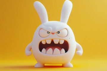 A cute yet angry cartoon bunny, sporting black and white fur and sharp teeth, takes a determined stance, embodying a humorous yet fierce attitude