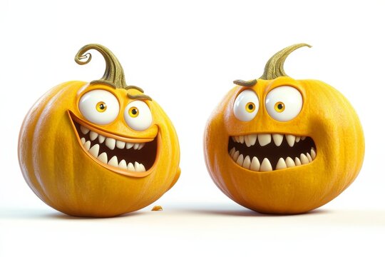 Two animated pumpkins with exaggeratedly aggressive faces and large, sharp teeth embody a humorous and playful Halloween theme