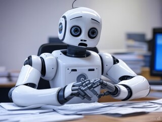A humanoid robot sits at a desk, appearing overwhelmed by paperwork.  Its expression conveys stress and possibly confusion.