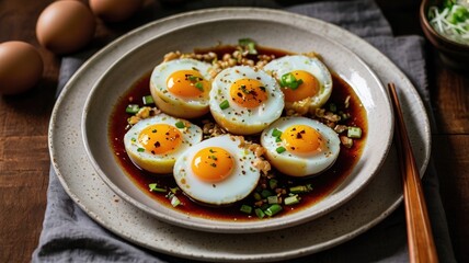 Overhead View of Telur Masak Kicap &ndash; Golden-Brown Eggs in Savory Soy Sauce Glaze with Chili and Green Onions