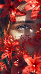 Fototapeta premium Bright red flowers surround a person's eye, showcasing the intricate details and vibrant colors of nature in close-up during a warm afternoon