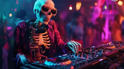 Skeleton dj masterfully spins music at vibrant halloween party