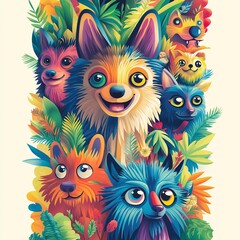 Naklejka premium Colorful illustration of various playful animals among vibrant foliage in a whimsical jungle setting