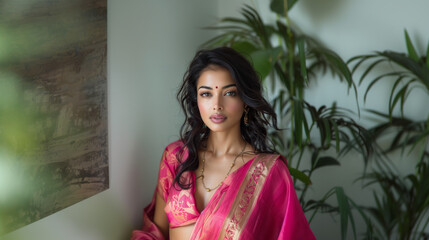 Fototapeta premium Hindus woman in pink. Make up and hairstyle closeup portrait of a person