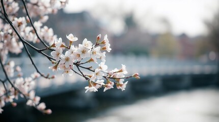 Fototapeta premium Cherry blossom branch in full bloom near a tranquil river with soft focus background